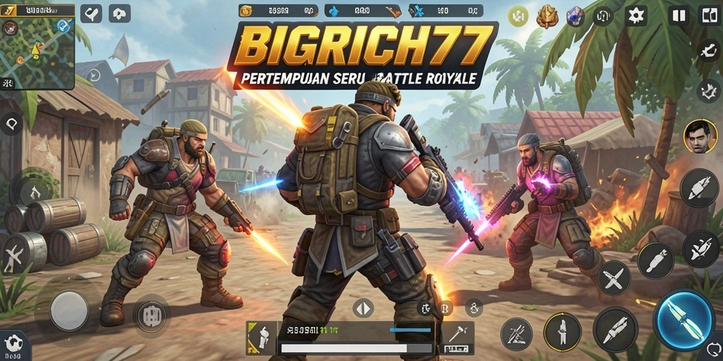 Screenshot gameplay seru dalam BIGRICH77 yang menampilkan pertempuran Battle Royale.