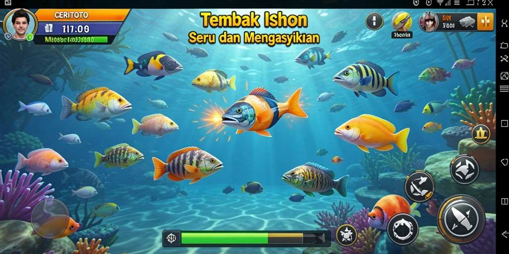 Tampilan gameplay seru CERITOTO saat menembak ikan berwarna-warni.