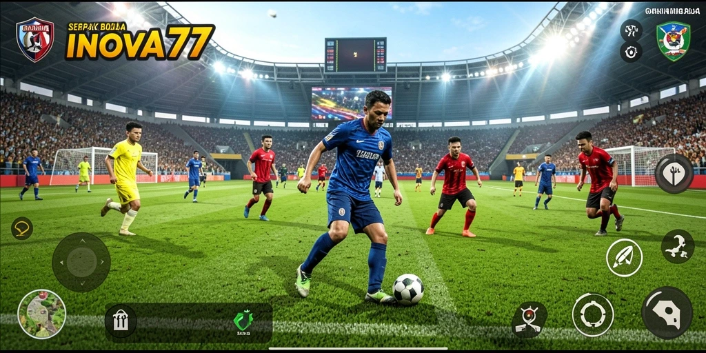 Tampilan gameplay menegangkan di dalam INOVA77 saat pertandingan sepak bola.