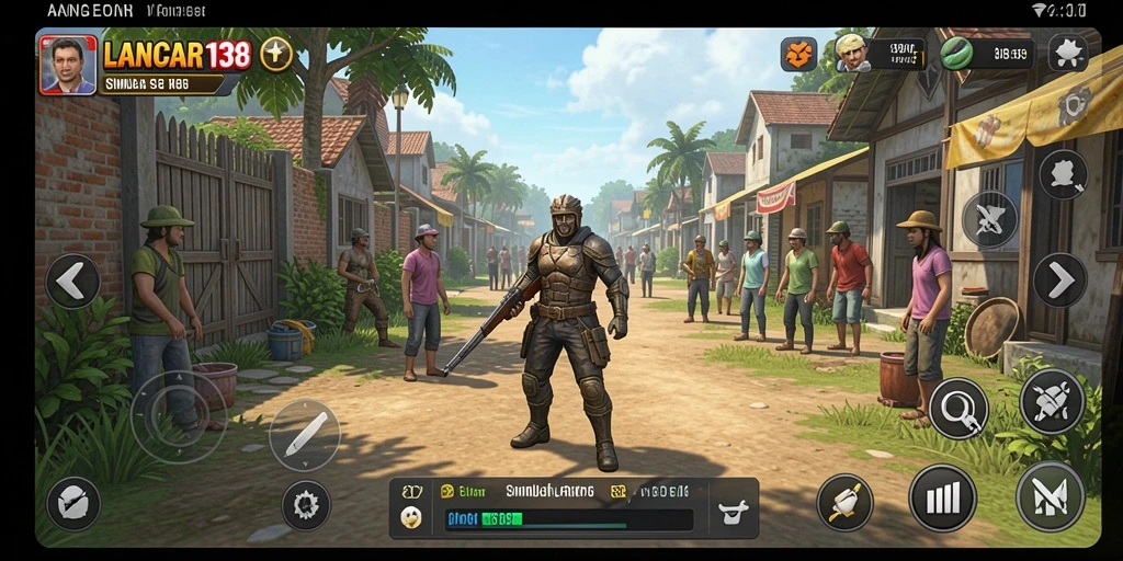 Tampilan gameplay <strong>LANCAR138</strong> dengan karakter yang berinteraksi dalam berbagai skenario.